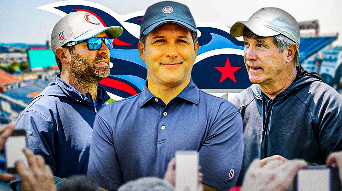 Tennessee Titans head coach Brian Callahan with football coach Bill Callahan and American sports reporter Adam Schefter. There is also a logo for the Tennessee Titans.