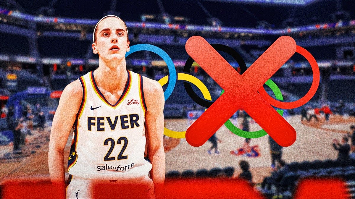 Indiana Fever player Caitlin Clark, with a neutral expression on her face, and the Olympic rings in the background, with an X over the Olympic rings, to represent that Caitlin Clark did not make the Olympics team