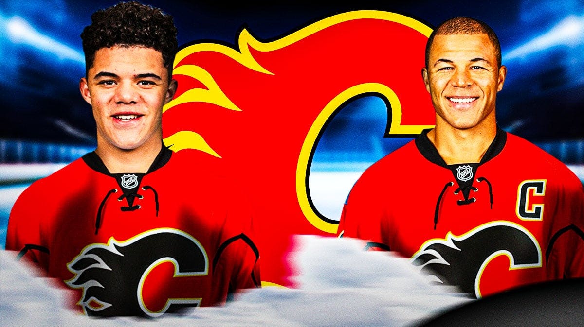 Tij Iginla in a Calgary Flames jersey with a Calgary Flames logo and hockey ice rink in the background. Iginla's father Jarome Iginla in his Flames jersey also in the background. Make Tij more prominent in the photo.