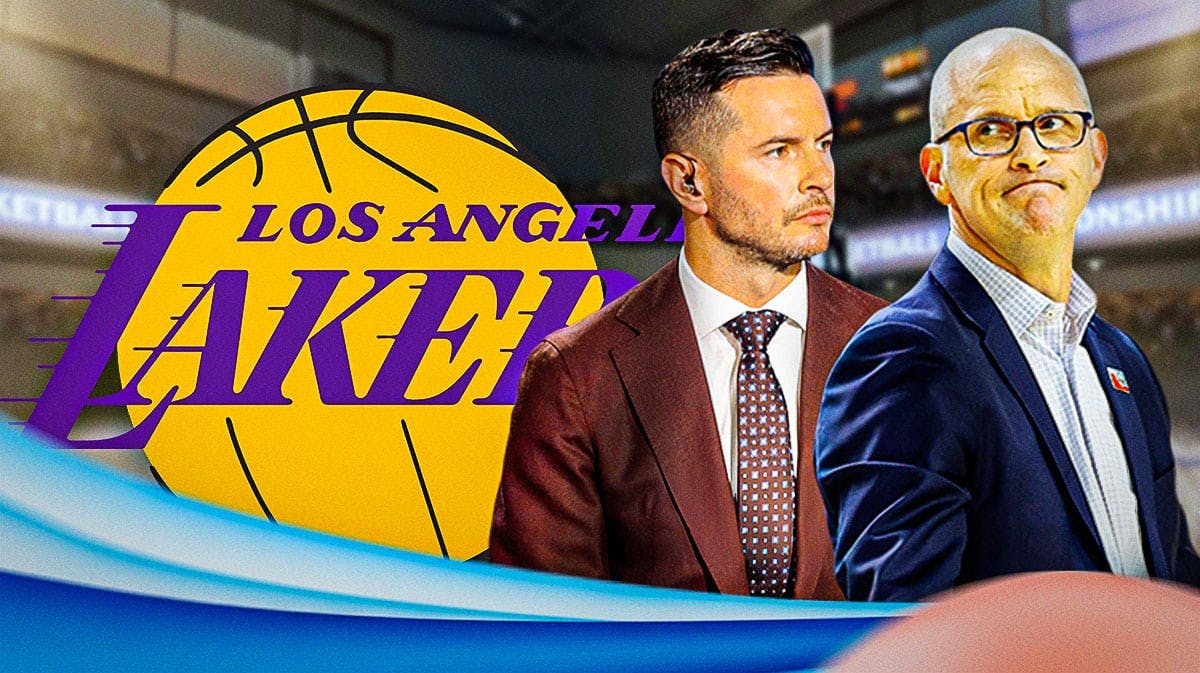 On right, Lakers' 2024 logo. On left, need Dan Hurley and JJ Redick.