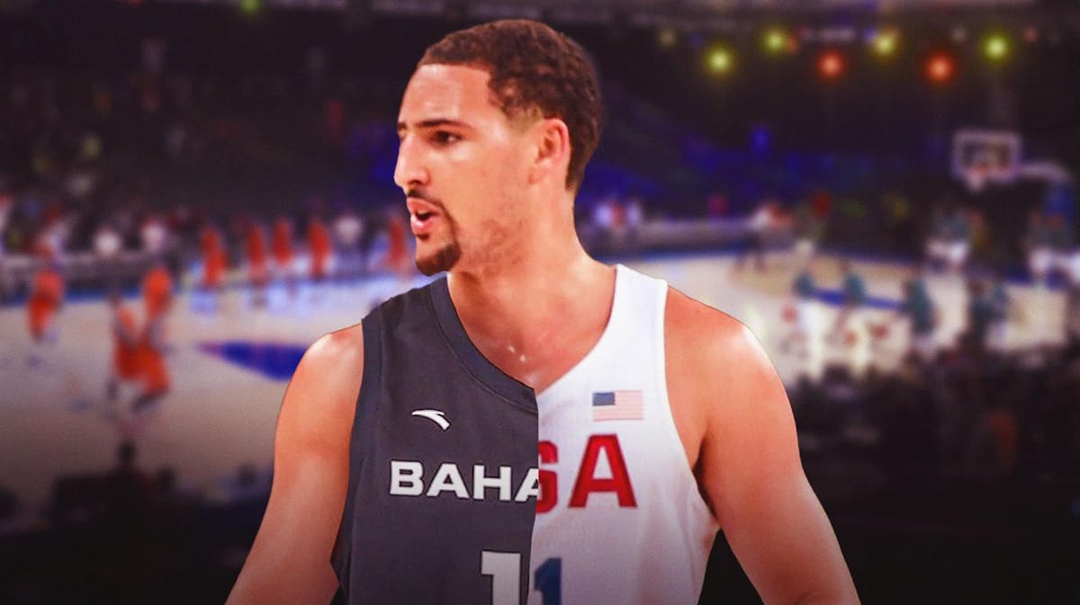 Klay Thompson Wearing half of a Bahamas jersey and half of a Team USA Jersey.