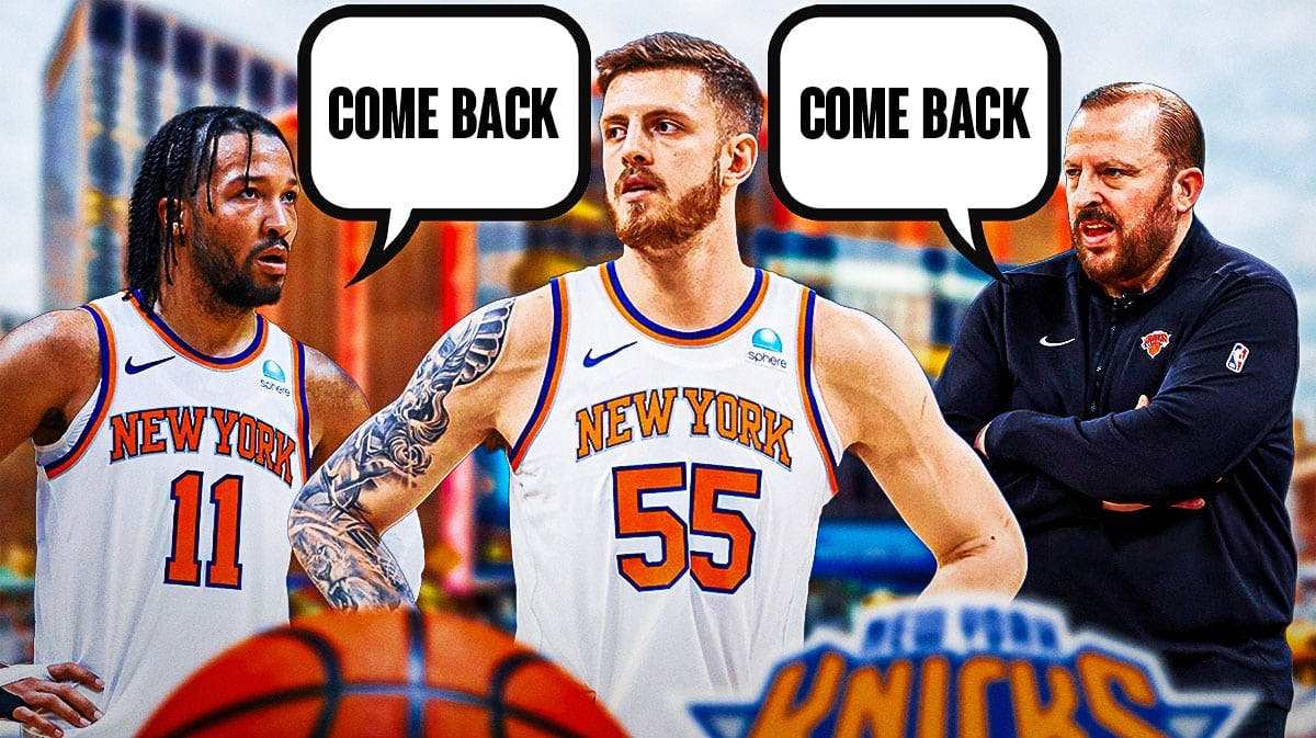Knicks' Isaiah Hartenstein with Jalen Brunson and Tom Thibodeau saying "Come back"