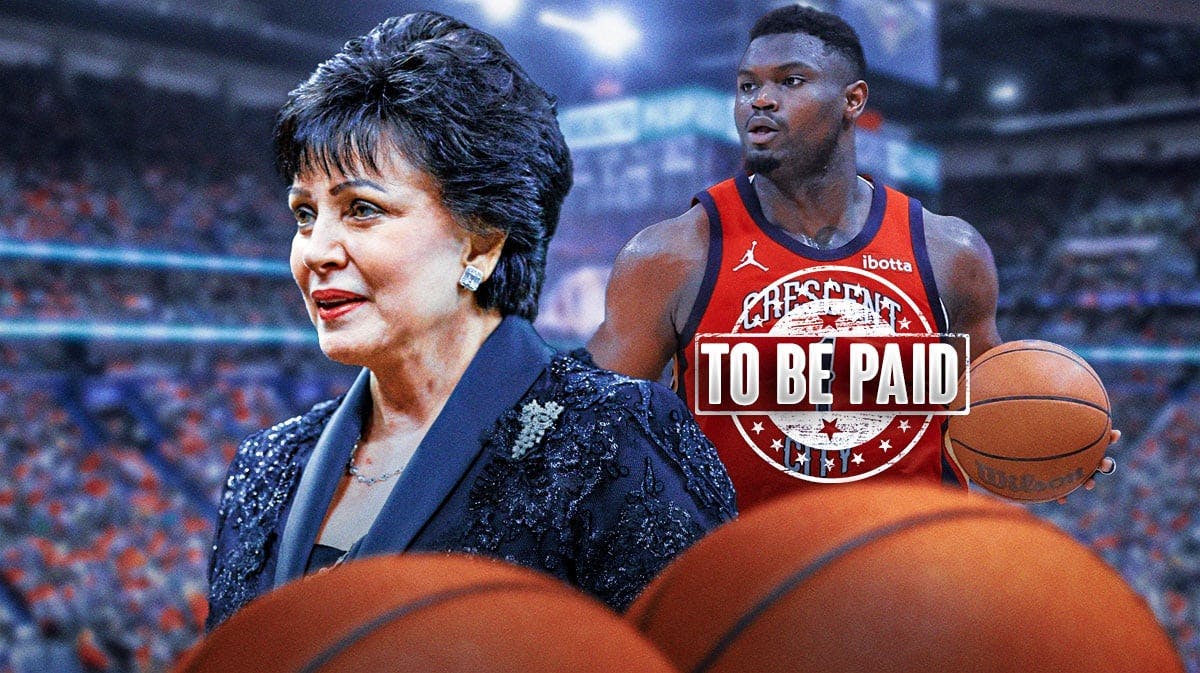 Gayle Benson with Zion Williamson and a Mo' Money Mo' Problems CD? Not sure how to approach this one. Maybe something with Gayle Benson and a Luxury Tax bill with a 'To Be Paid' stamp on it?