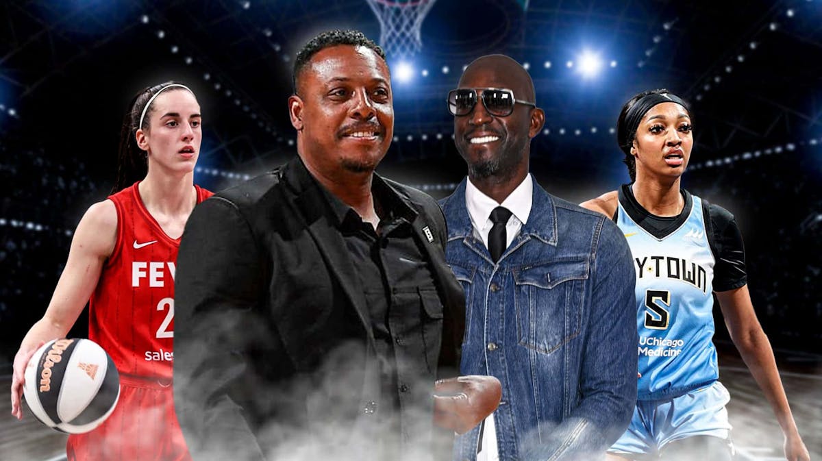Paul Pierce, Kevin Garnett, Caitlin Clark, and Angel Reese in front of the Olympics.
