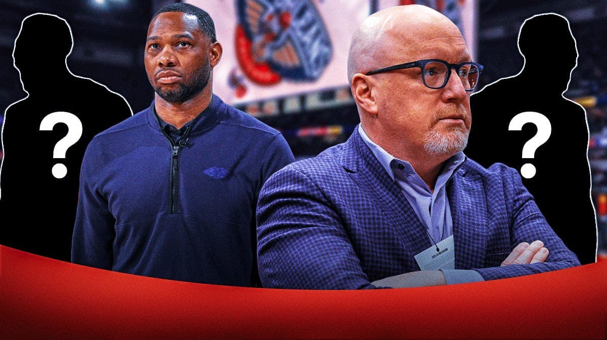 Pelicans David Griffin and Willie Green looking at a bench filled with black silhouettes that have a Question Mark as a placeholder.