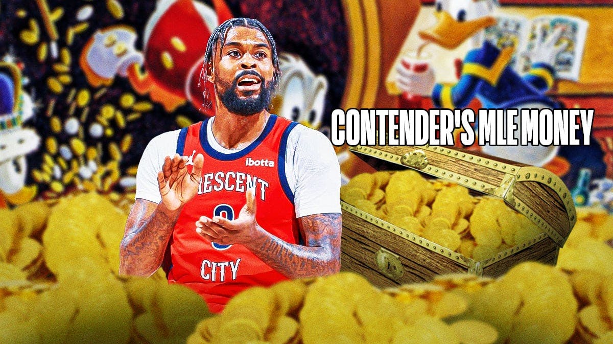 Naji Marshall (Pelicans) getting money/gold Scrooge McDuck coins dumped near him. Have the money coming out of a Box/Brinks truck with the side saying "Contender's MLE Money"