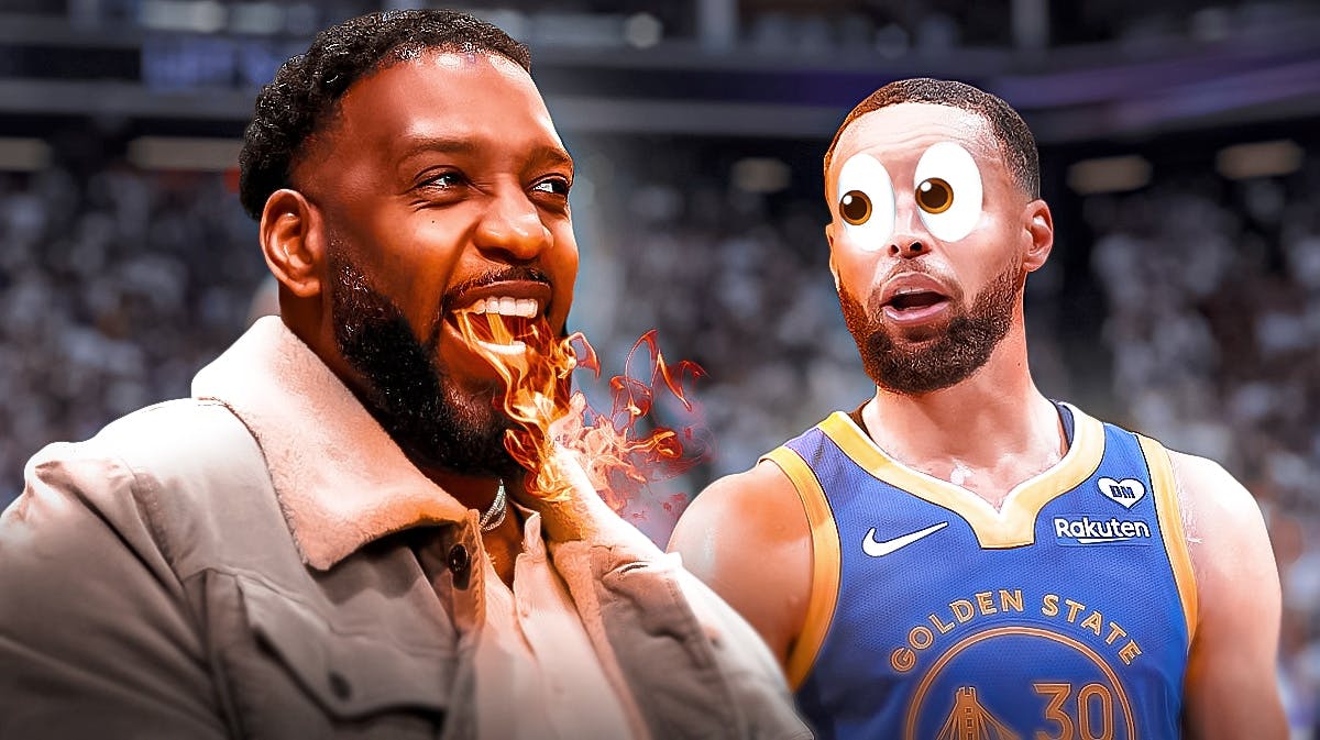 Tracy McGrady on one side breathing fire, Stephen Curry on the other side with the big eyes emoji over his face