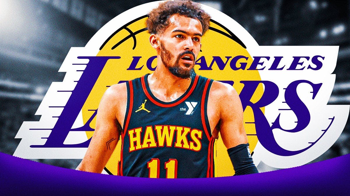 Atlanta Hawks player Trae Young and Los Angeles Lakers logo