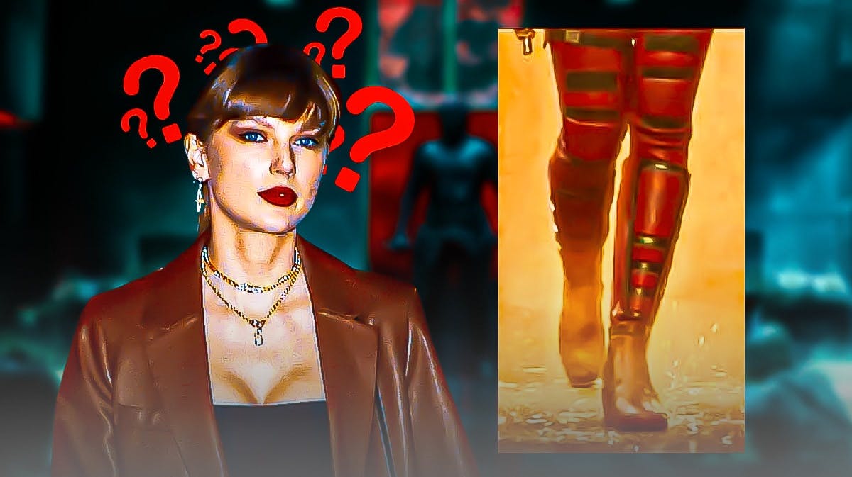 Taylor Swift with question marks above her head, Lady Deadpool's legs