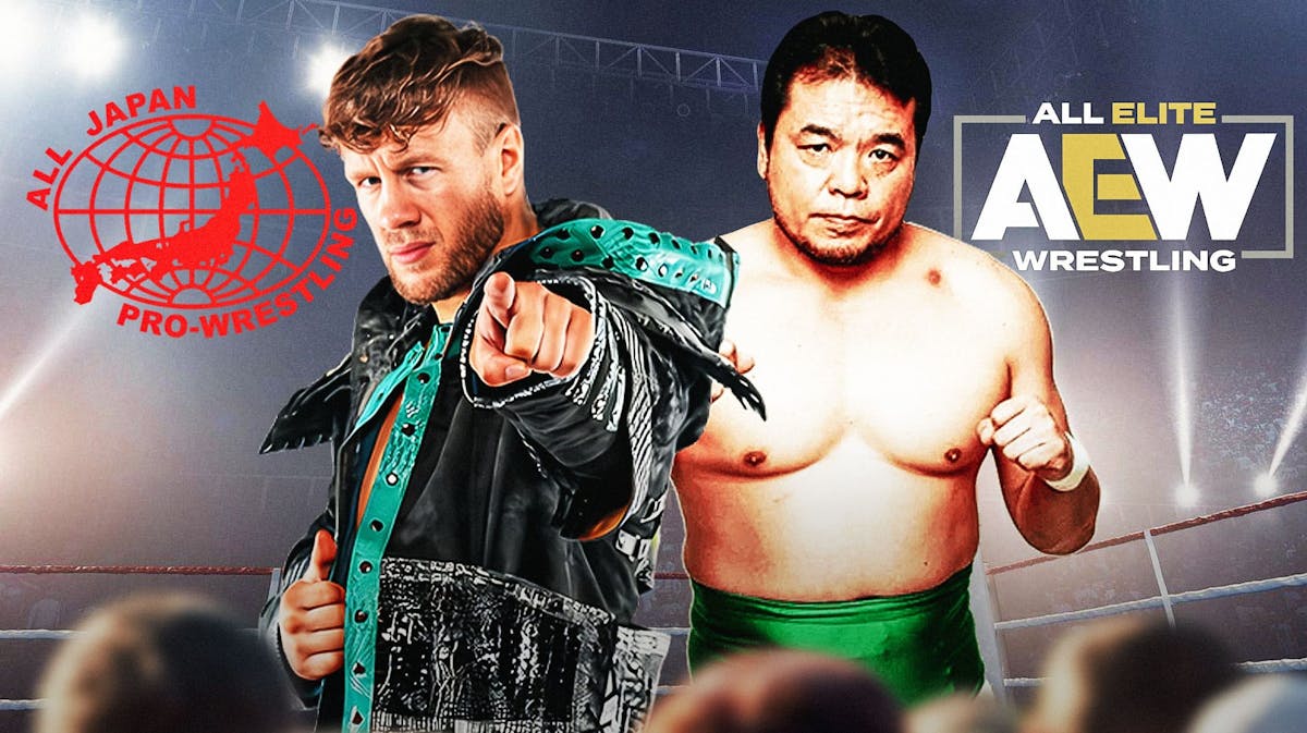 Will Ospreay next to Mitsuharu Misawa of All Japan Pro Wrestling with the AEW logo as the background.
