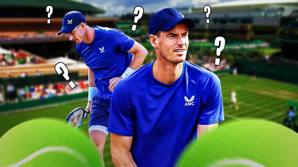 Andy Murray in image looking hopeful, Wimbledon in background, 3-5 question marks