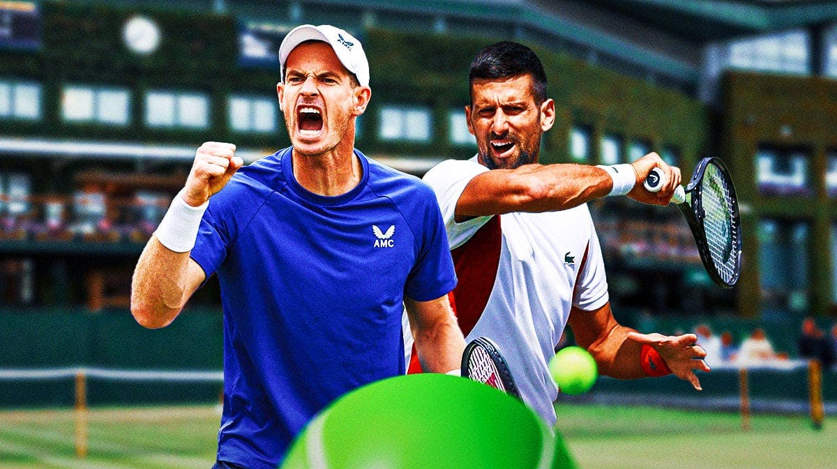 Novak Djokovic and Andy Murray both looking hopeful, Wimbledon court in background