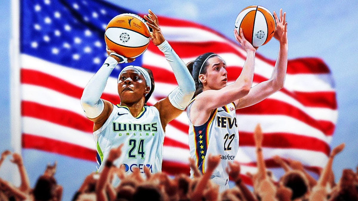 Wings Arike Ogunbowale and Fever Caitlin Clark both shooting basketballs. Place the USA flag in background.
