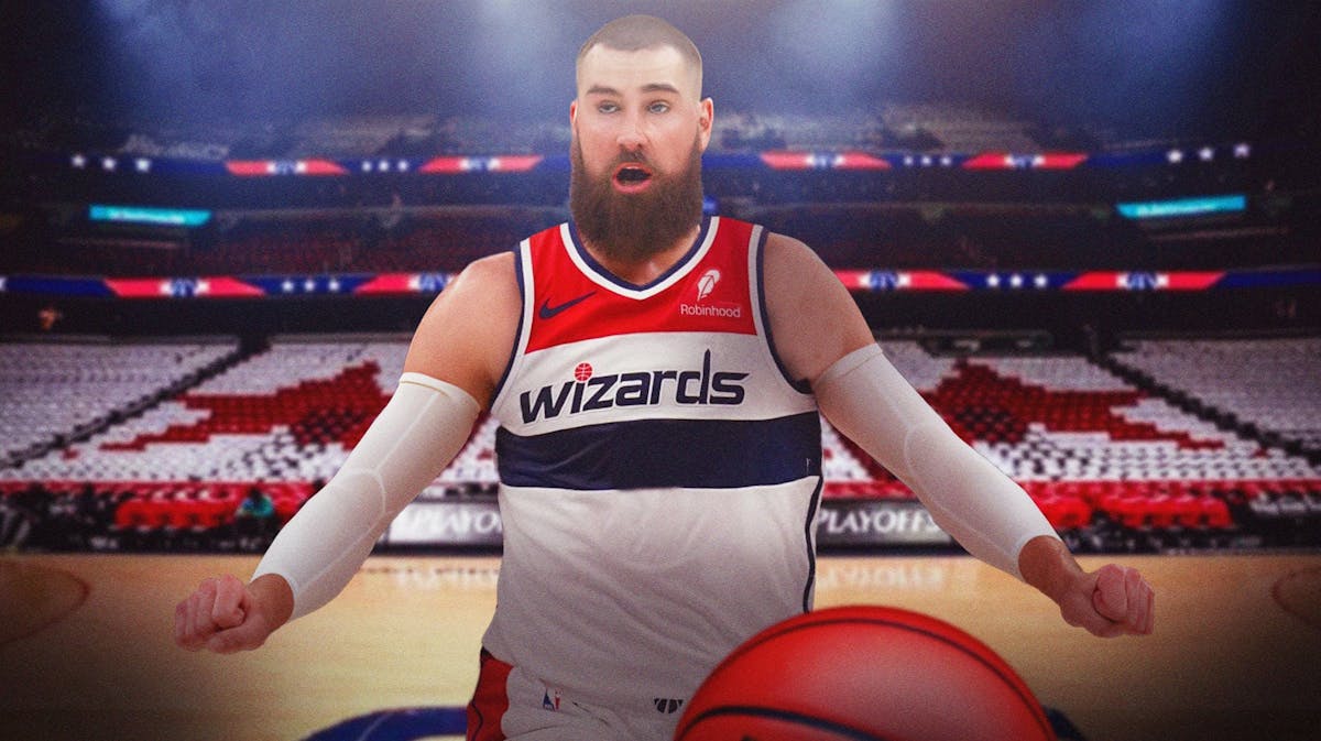 Jonas Valanciunas in a Wizards jersey with the Wizards arena in the background, NBA free agency