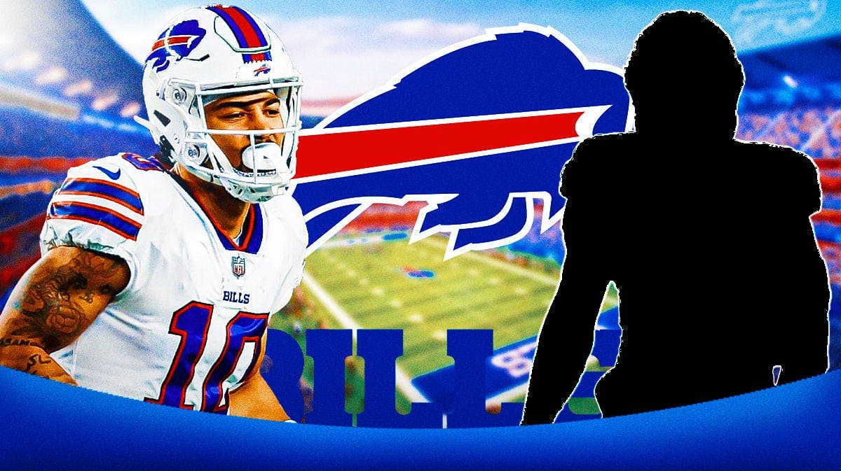 Bills logo in the middle with of Khalil Shakir on one side and a silhouette of Gregrot Rousseau on the other.