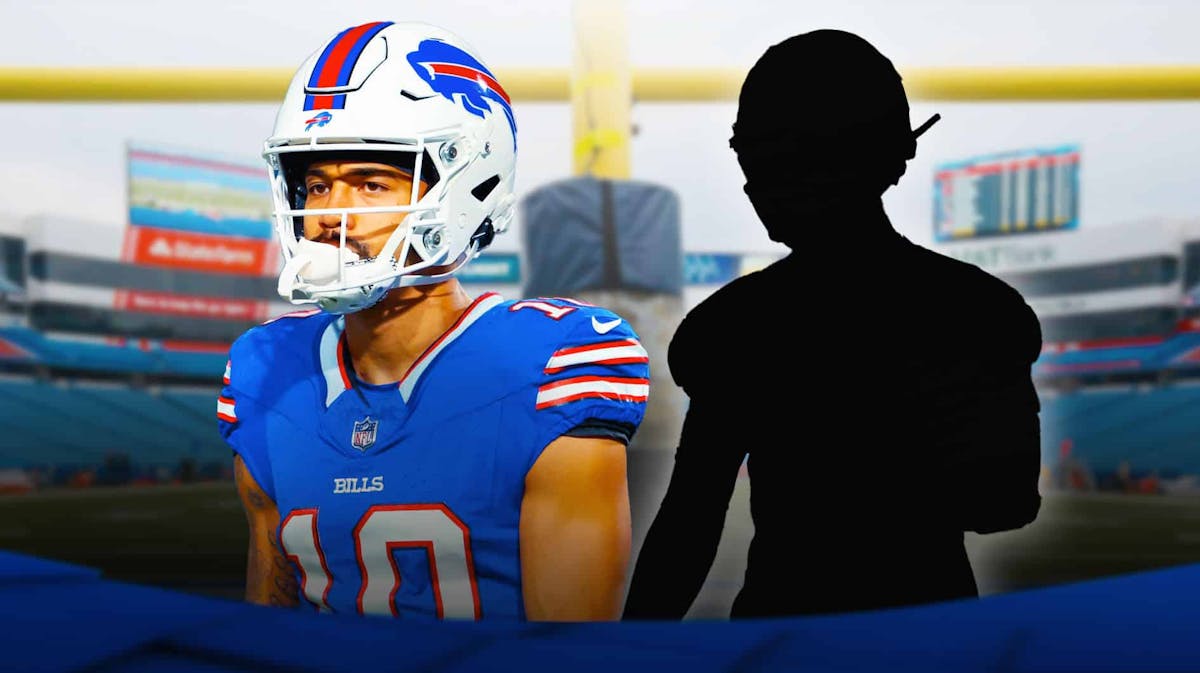 Khalil Shakir next to the blacked-out silhouette of Keon Coleman with the Bills stadium as the background.