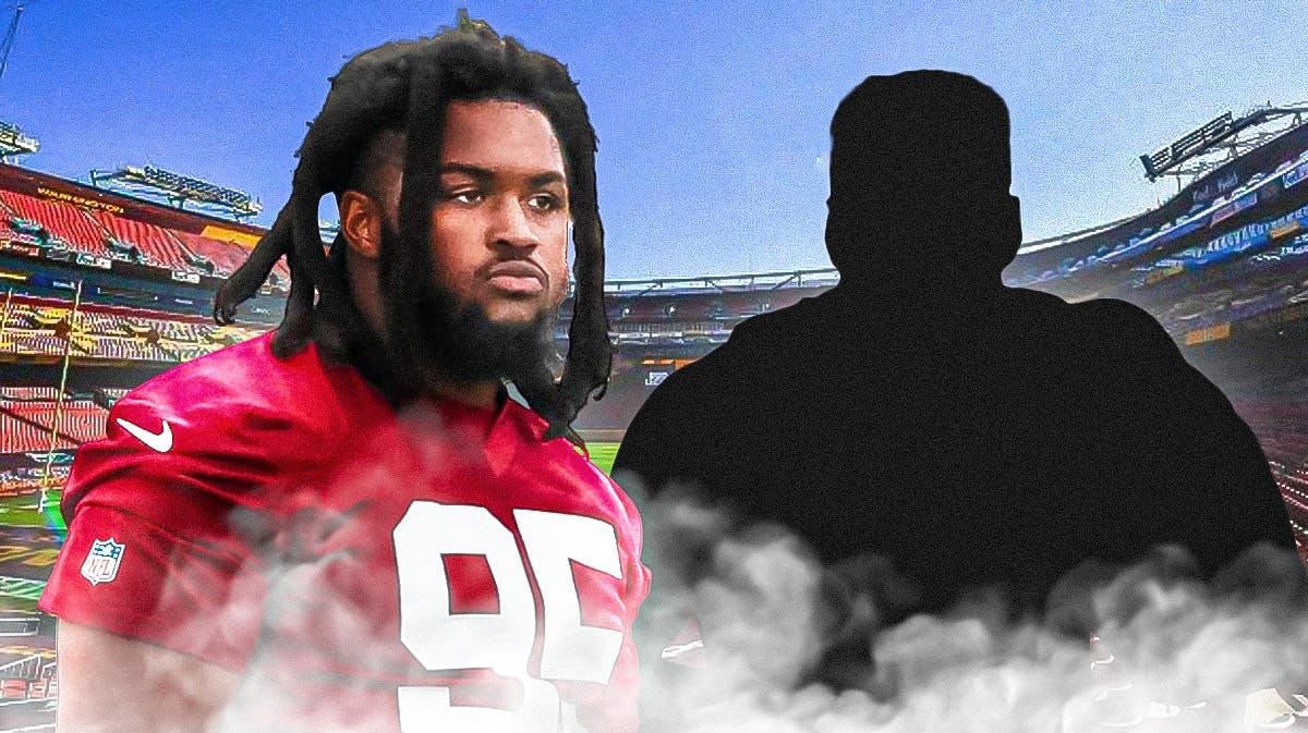 Jer'Zhan Newton and a silhouette of Ben Sinnott with a Commanders background.