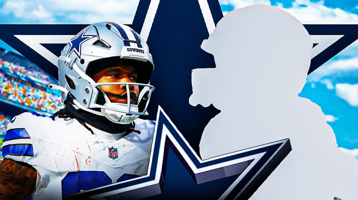 Rico Dowdle and silhouette of Jalen Tolbert with Cowboys logo and Cowboys background.