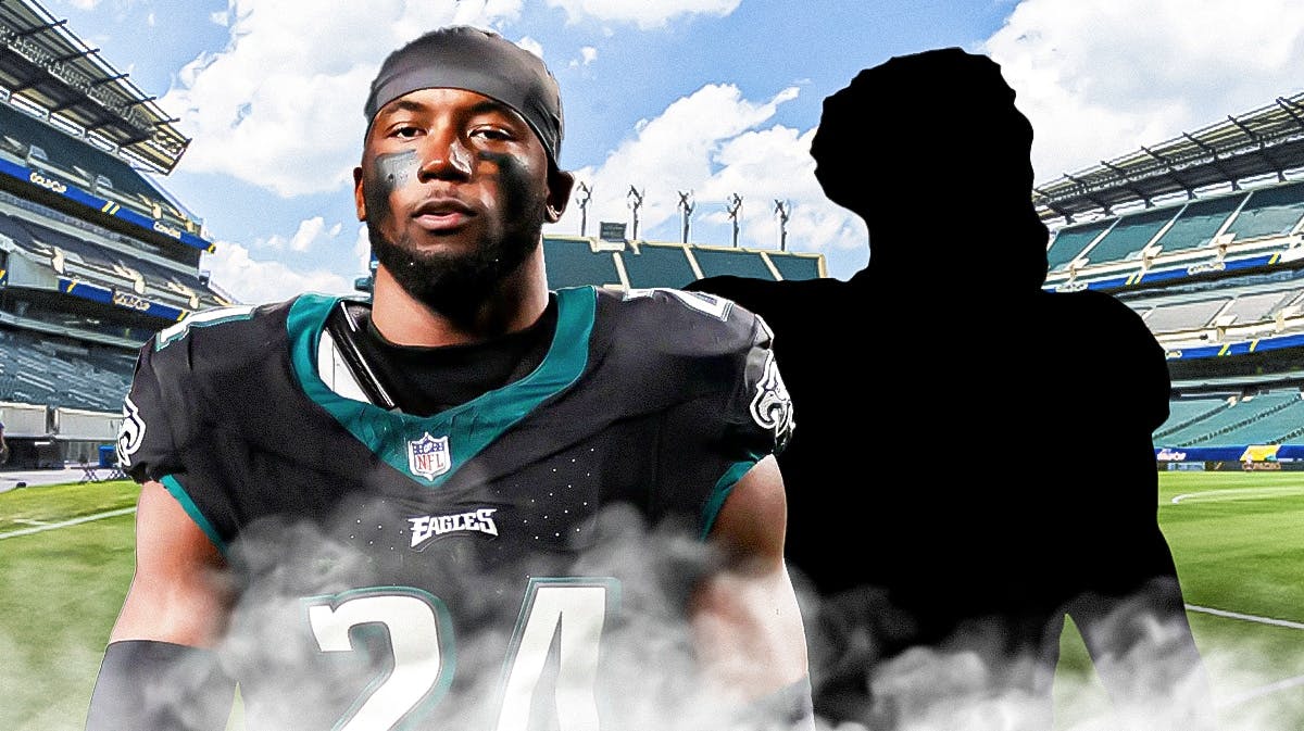 Eagles cornerback James Bradberry next to the blacked-out silhouette of Parris Cambell with Lincoln Financial Field as the background.