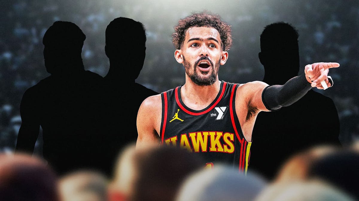 Trae Young in the middle, Three mystery players around him, and Atlanta Hawks wallpaper in the background