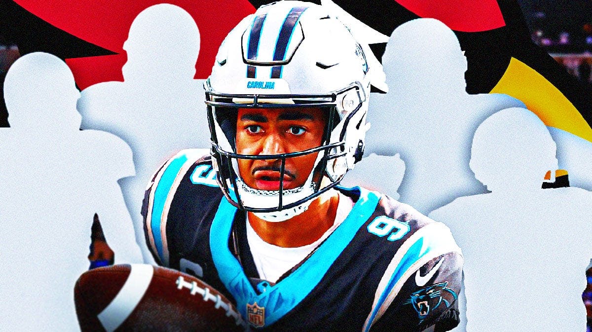 Bryce Young in the middle, 4 mystery players around him, Carolina Panthers wallpaper in the background