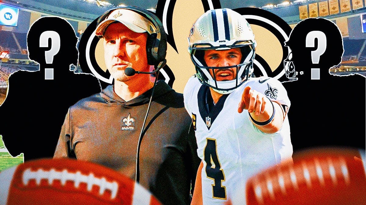 New Orleans Saints head coach Dennis Allen with QB Derek Carr and two silhouettes of American football players with big question mark emojis inside. There is also a logo for the New Orleans Saints.