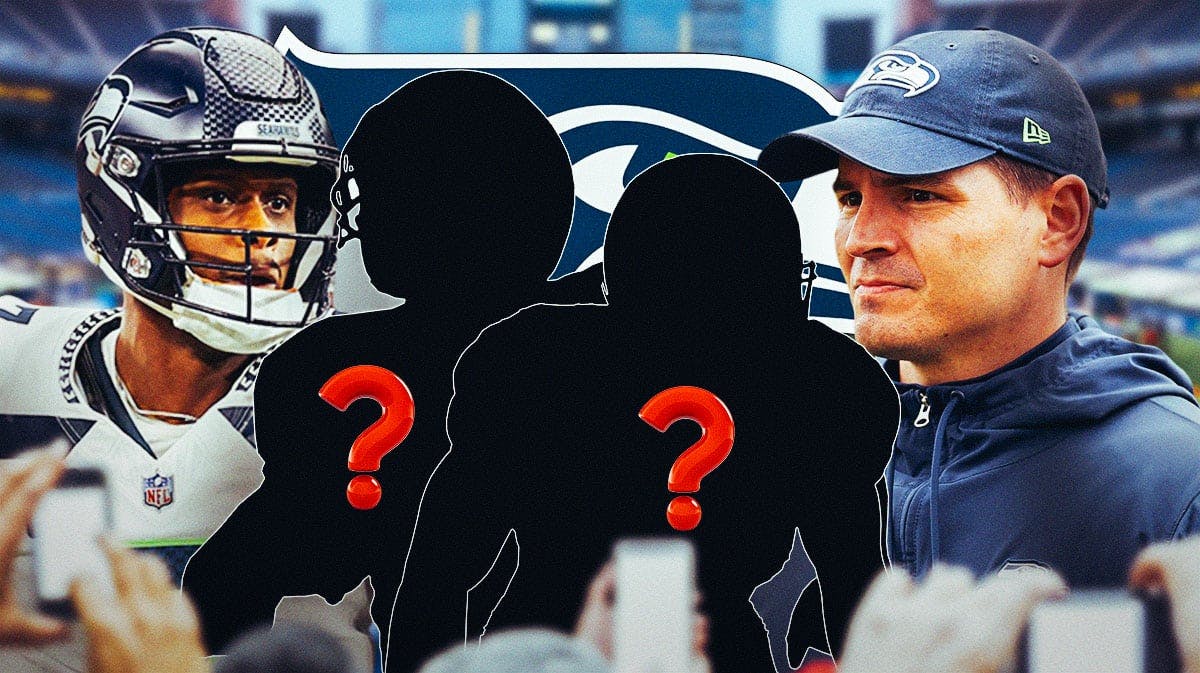 Seattle Seahawks head coach Mike Macdonald with QB Geno Smith and two silhouettes of American football players with big question mark emojis inside. There is also a logo for the Seattle Seahawks.