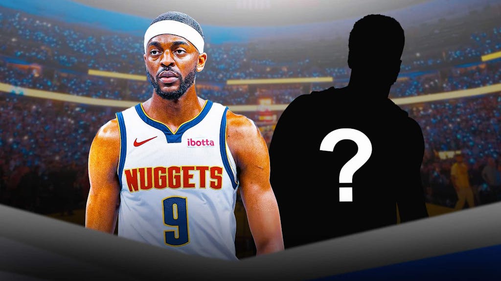 Justin Holiday (in his Nuggets uniform) next to a silhouette of a basketball player (with a question mark in it).