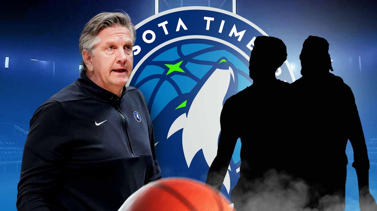 Chris Finch. Timberwolves logo. Kyle Anderson and Monte Morris as silhouettes.
