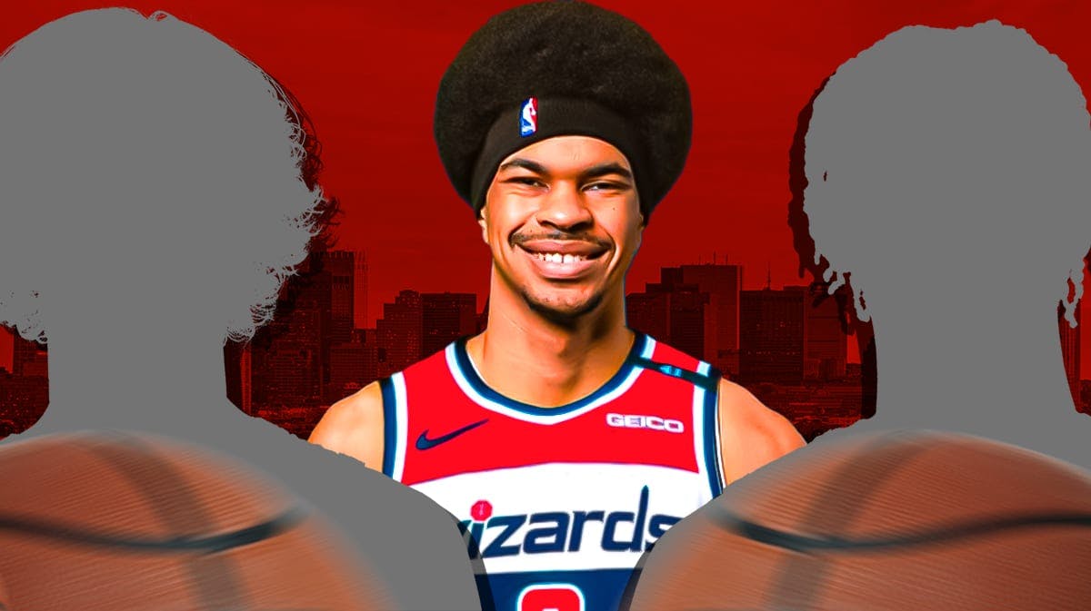 Jarrett Allen in a Wizards jersey with a silhouette of trade targets Josh Giddey on one side and a silhouette of Ziaire Williams on the other
