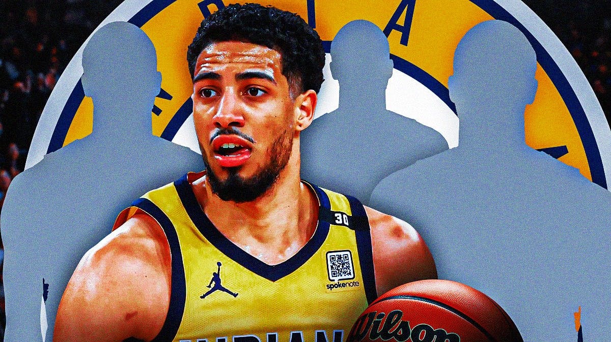 Tyrese Haliburton in the middle, Three mystery players around him, and Indiana Pacers wallpaper in the background