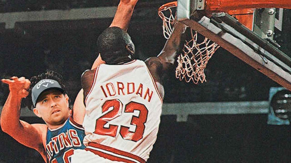 Michael Jordan dunking on Bill Laimbeer but replace Laimbeer with Xander Schauffele (PGA golfer)