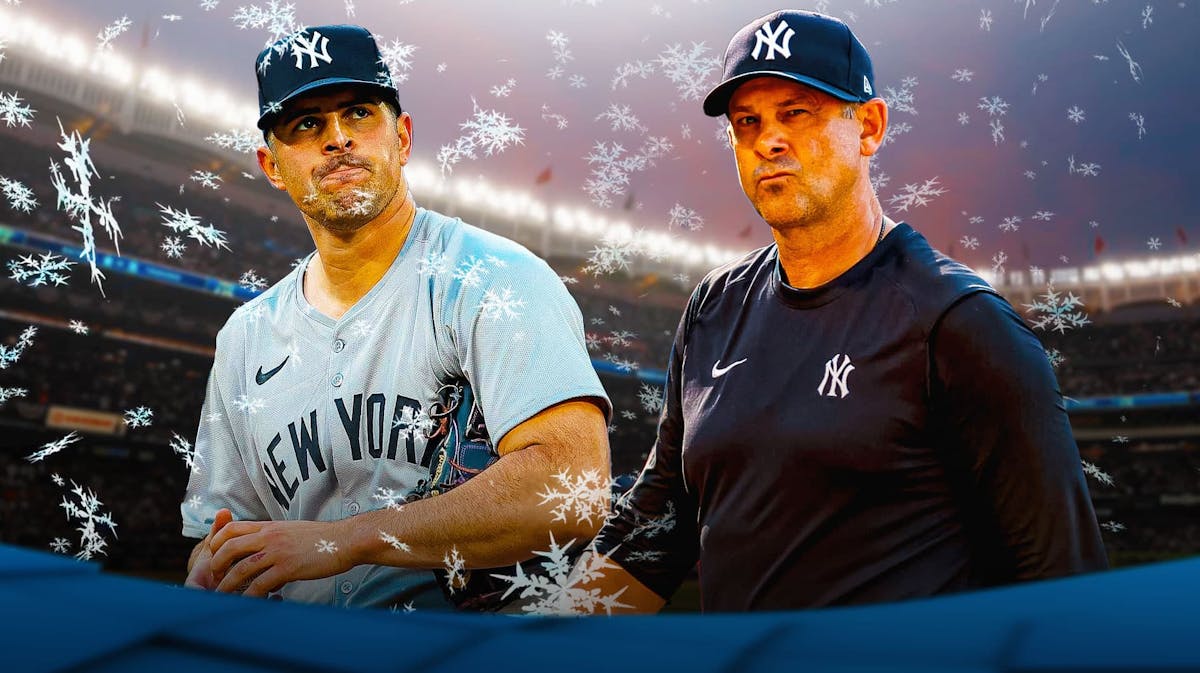 Yankees' Carlos Rodon with snowflake symbols all over him to signify that he's ice cold, with Aaron Boone looking on in frustration