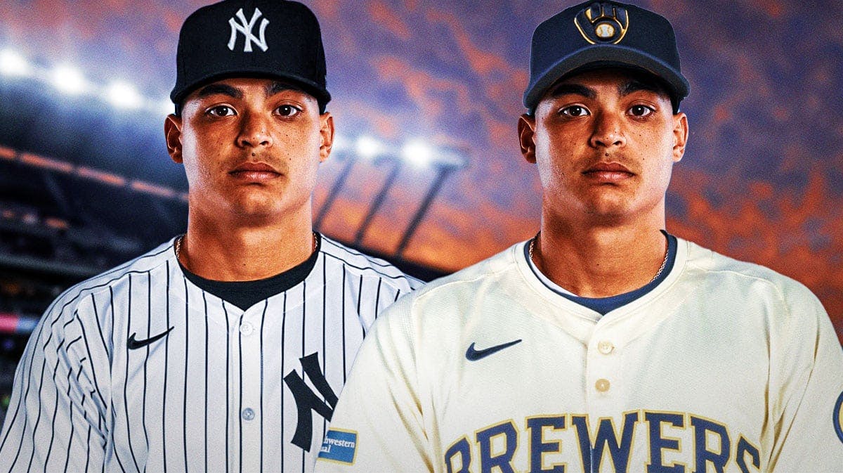 On left, Jesus Luzardo in a Yankees jersey. On right, Jesus Luzardo in a Brewers jersey.