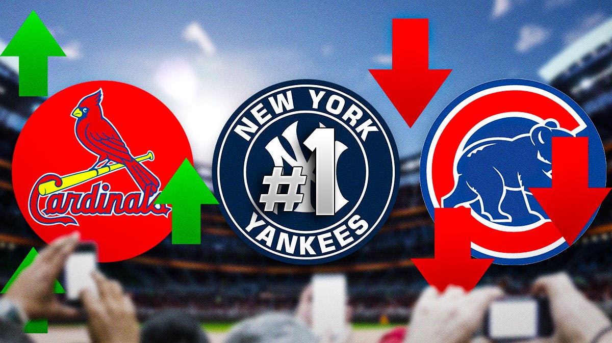 2024 MLB power rankings with St. Louis Cardinals logo on the left with a green up arrow, New York Yankees logo in middle with "#1", and Chicago Cubs logo with a red down arrow on right.