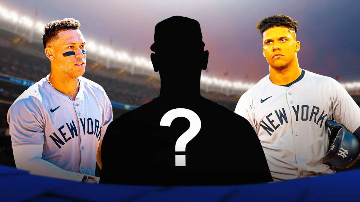 Yankees' Aaron Judge and Juan Soto looking at silhouette of Anthony Misiewicz, with question mark over the silhouette