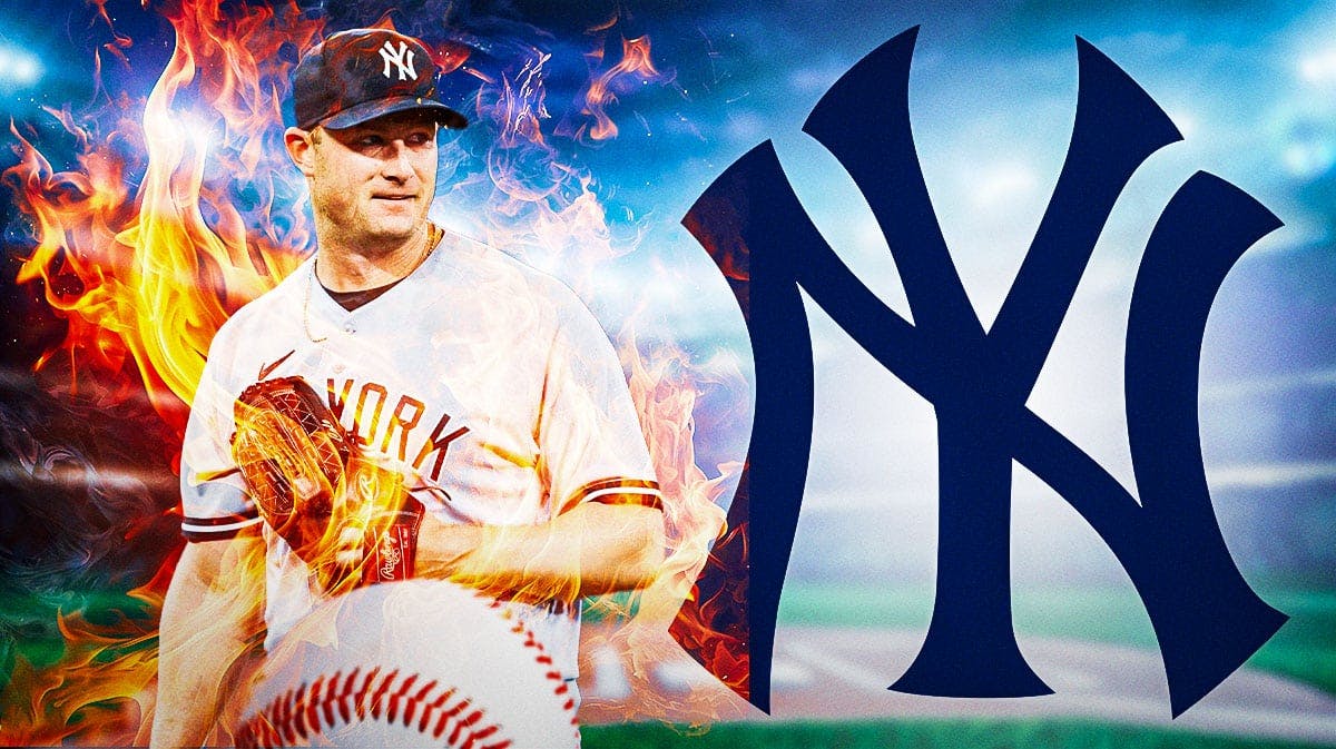Gerrit Cole in middle of image looking happy with fire around him, New York Yankees logo, baseball field in background