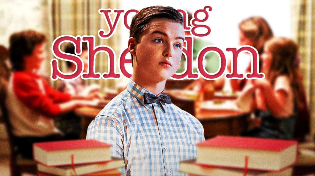 Iain Armitage as Sheldon Cooper with Young Sheldon series finale logo and Cooper family dinner background.