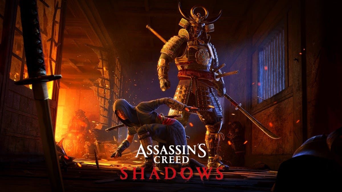 assassins creed shadows gameplay, assassins creed shadows yasuke, assassins creed shadows nape, assassins creed shadows, key art for assassins creed shadows with the game title and logo at the bottom