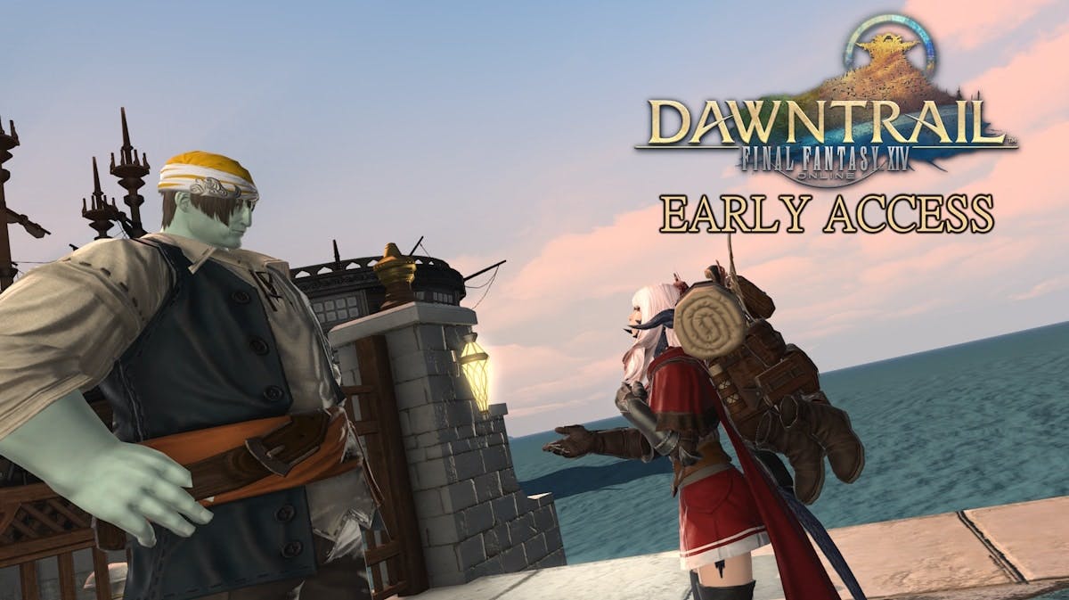 dawntrail early access, dawntrail, ffxiv dawntrail early access, ffxiv dawmtrail, ffxiv, an ingame screenshot of the wol talking to the ferryman with the dawntrail logo in one corner and the words early access under it