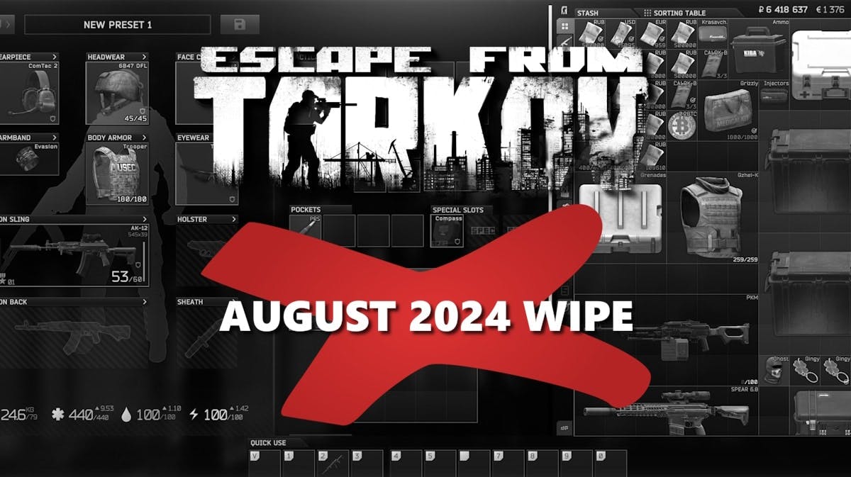 tarkov august 2024 wipe, tarkov wipe 2025, tarkov wipe, tarkov wipe date, escape from tarkov, a grayscale image of a player stash in escape from tarkov with the game logo and a red x mark with the words august 2024 wipe on it