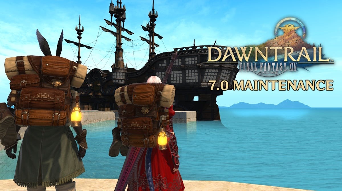 ffxiv dawntrail maintenance, ffxiv 7.0 maintenance, ffxiv maintenance, ffxiv 7.0, ffxiv dawmtrail, an ingame screenshot of the wol and erenville with the dawntrail logo in one corner and the words 7.0 maintenance under it