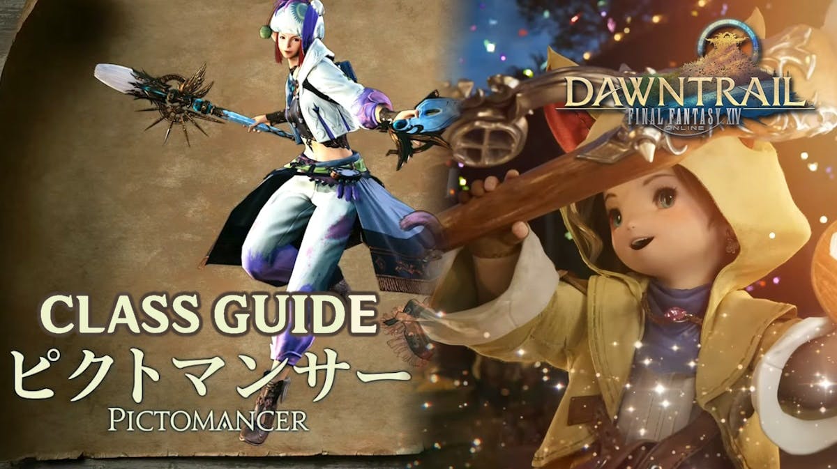 ffxiv pictomancer guide, ffxiv pictomancer skills, ffxiv pictomancer rotation, ffxiv pictomancer, ffxiv, a combination of ffxiv pictomancer images with the dawntrail logo in one corner and the word class guide pictomancer in another corner