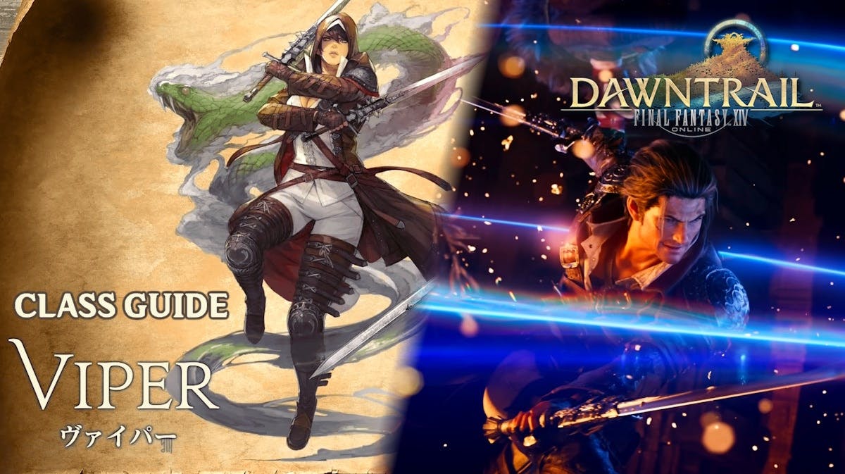 ffxiv viper guide, ffxiv viper skills, ffxiv viper rotation, ffxiv viper, ffxiv, a combination of ffxiv viper images with the dawntrail logo in one corner and the word class guide viper in another corner