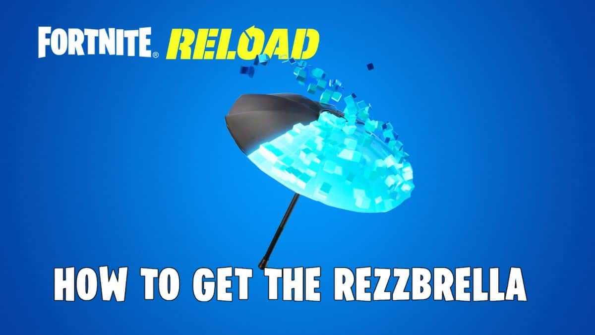 IMAGE OF THE FORTNITE REZZBRELLA with fortnite logo and text how to get the rezzbrella