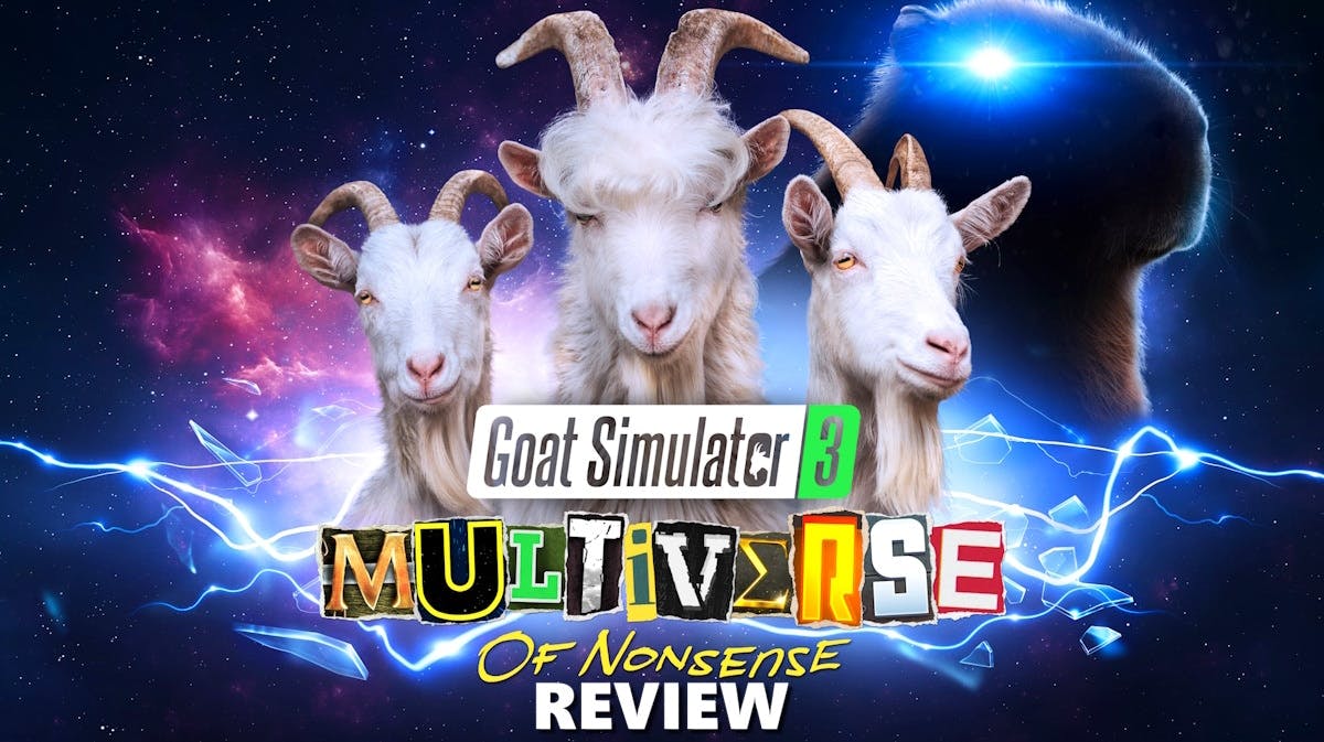 goat simulator 3 multiverse nonsense, goat simulator 3 dlc, multiverse of nonsense, goat simulator 3 review, multiverse nonsense review, keyart for multiverse of nonsense with the word review under the game title