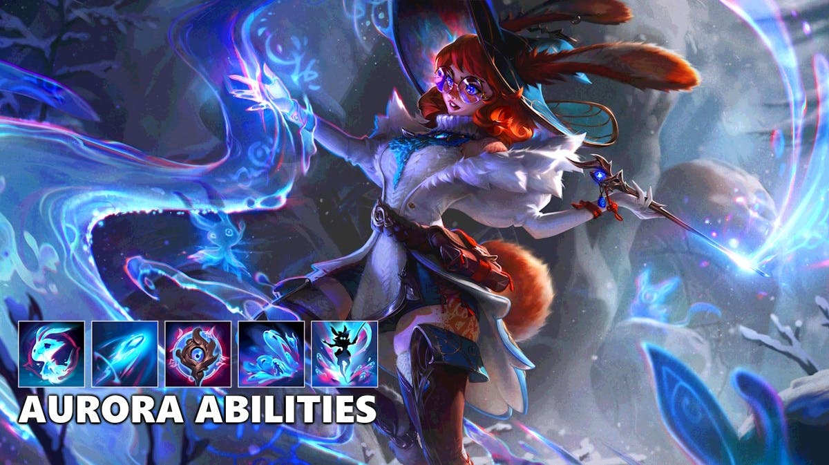 aurora, aurora league of legends, league of legends aurora, aurora abilities, aurora splash art, splash art of aurora from league of legends with ehr ability icons to the left and the words aurora abilities under it