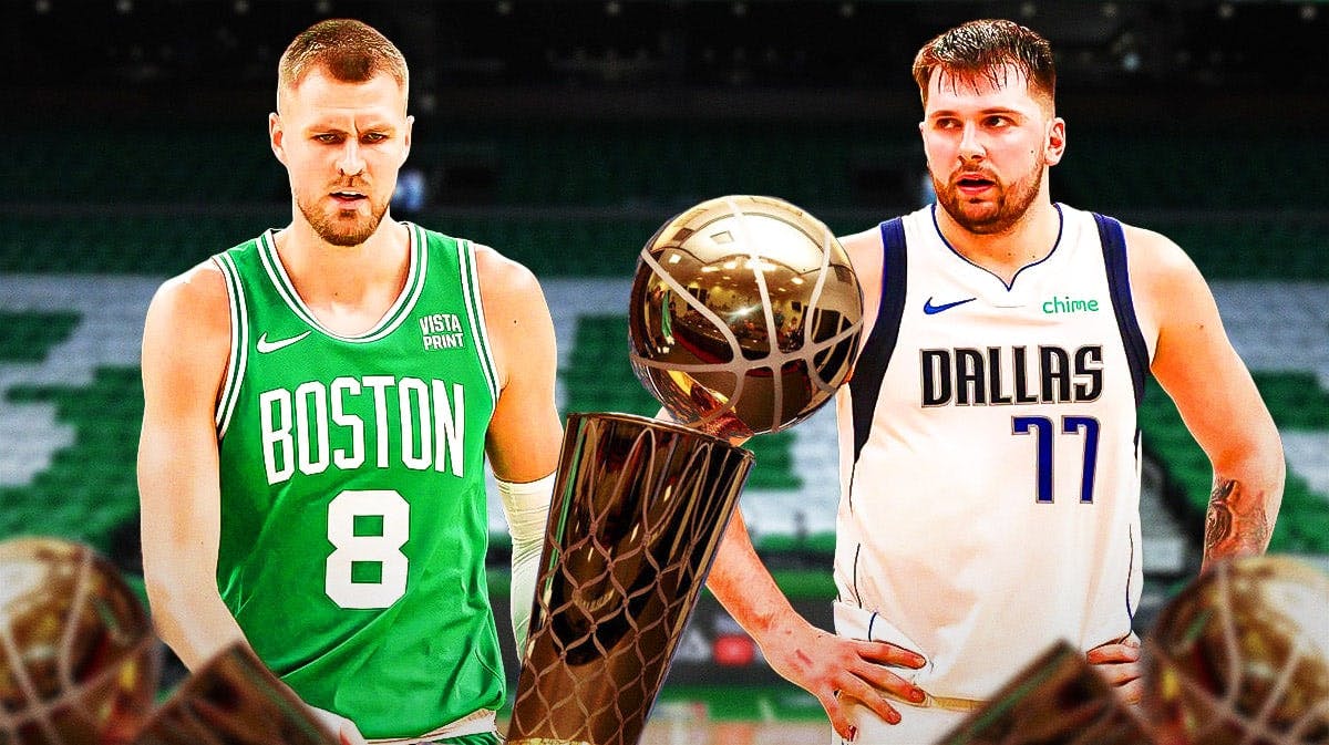 Celtics' Kristaps Porzingis looking serious on left. Mavericks' Luka Doncic looking serious on right. NBA Finals trophy (2024) in middle.
