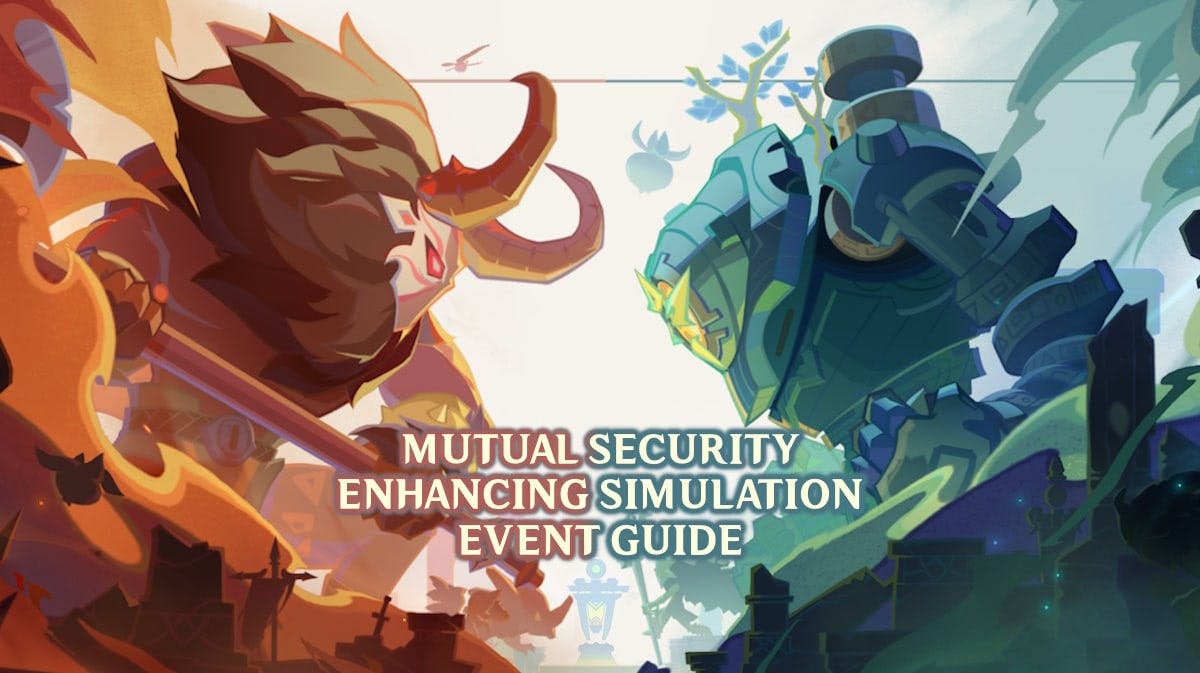mutual security enhancing simulation, mutual security enhancing simulation guide, mutual security enhancing simulation genshin, genshin event guide, genshin impact, keyart for the mutual security enhancing simulation event with the event title in the middle and the words event guide under it