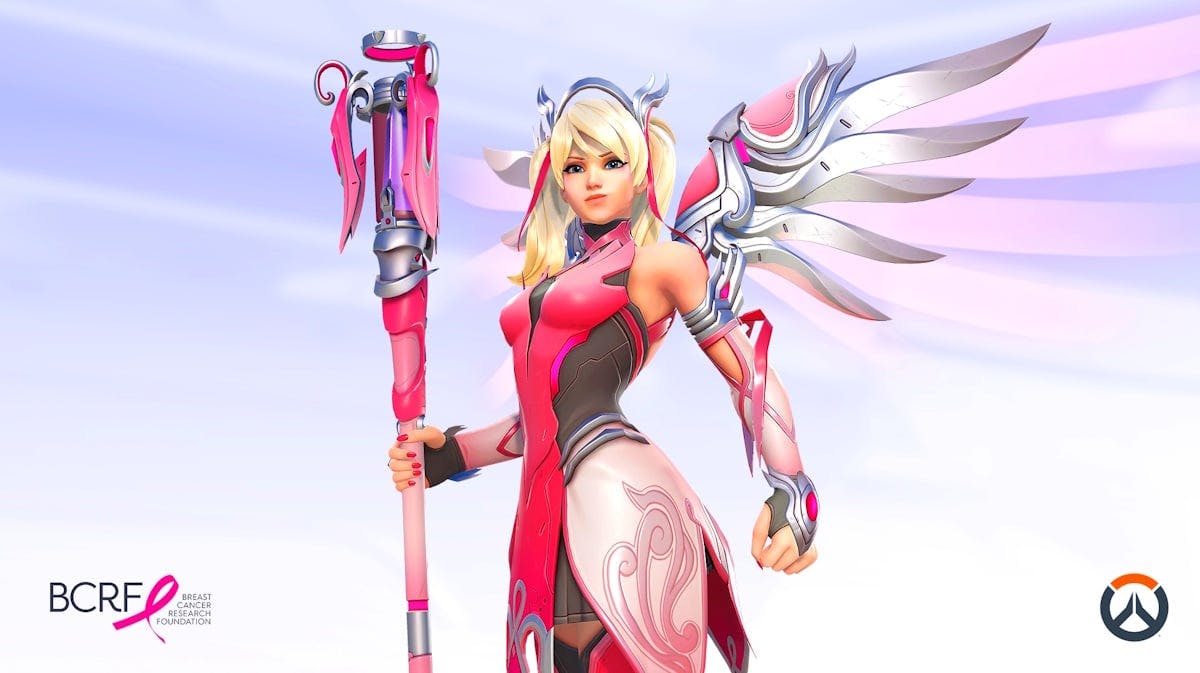 pink mercy, pink mercy skin, pink mercy overwatch 2, pink mercy overwatch, overwatch 2, an image of pink mercy with the breast cancer research foundation logo in one corner and the overwatch logo in another